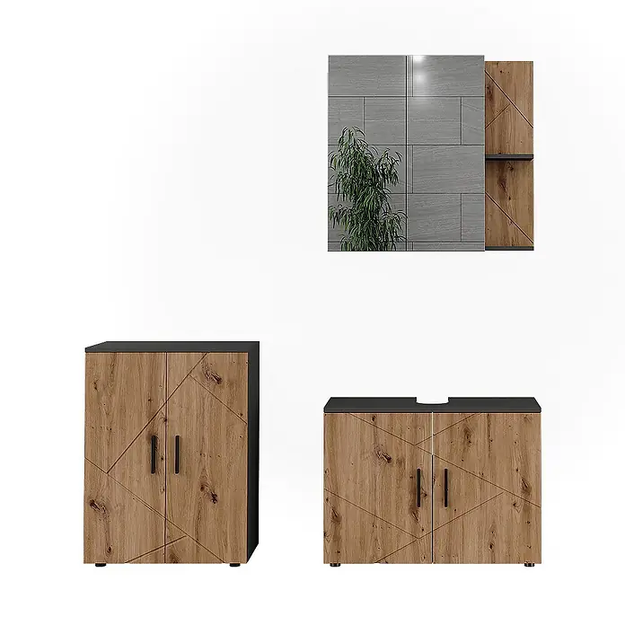 Vicco Badmöbel-Set Irma Anthrazit/Artisan 3 Teile - Anthrazit, Matt - Zwei Holzschränke mit geometrischen Mustern, schwarzen Oberseiten/Seiten und einer Wandeinheit mit Spiegel und Holzablage.