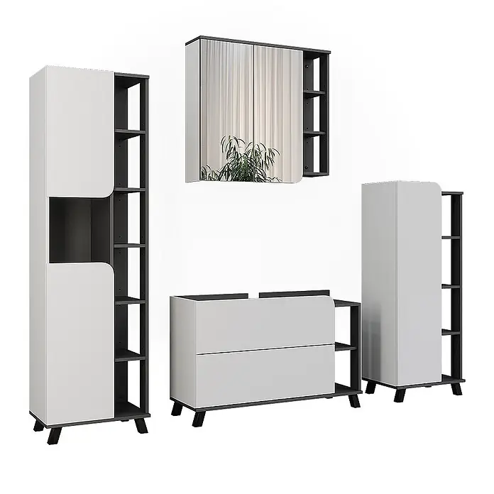 Vicco Badmöbel-Set Karen Anthrazit/Weiß 4 Teile - Anthrazit, Matt - Modulares weiß-dunkelgraues Aufbewahrungsmöbel-Set mit Schränken, Schubladen und offenen Regalen, inklusive Spiegelschrank.