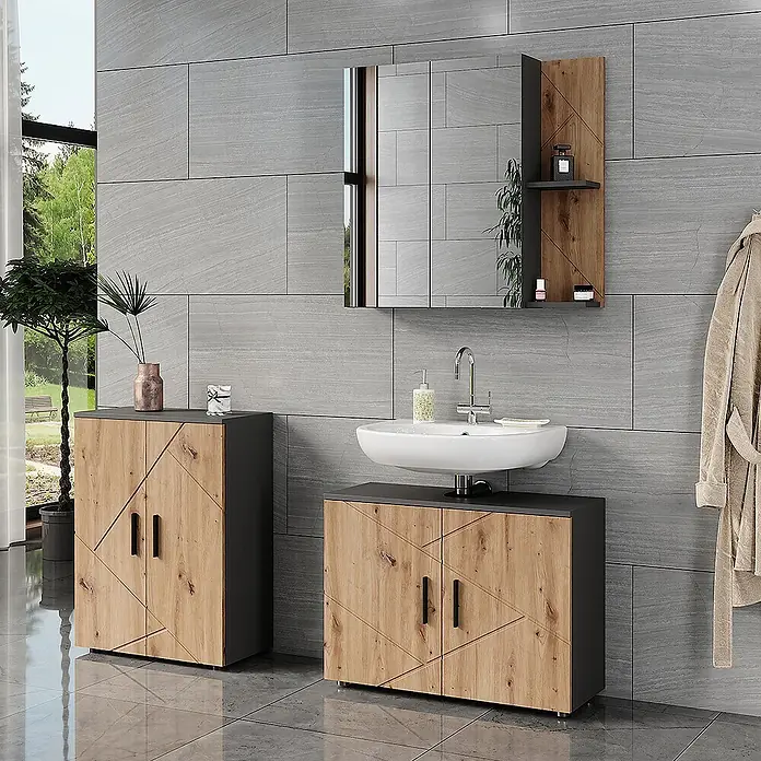 Vicco Badmöbel-Set Irma Anthrazit/Artisan 3 Teile - Anthrazit, Matt - Badezimmermöbel-Set mit Waschtischunterschrank und passendem Schrank, holzfarbenen Türen mit geometrischem Muster und dunkelgrauen Elementen.