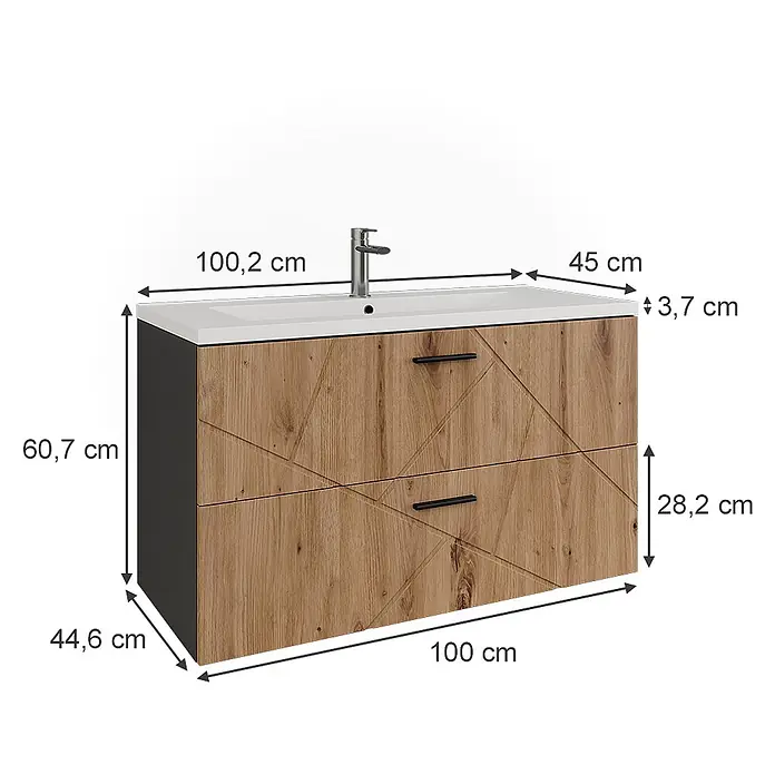Vicco Badmöbel-Set Irma Anthrazit/Artisan 2 Teile - Anthrazit, Matt - Moderner Waschtischunterschrank aus hellem Holz mit weißem Waschbecken, Chromarmatur und zwei Schubladen mit geometrischem Muster.