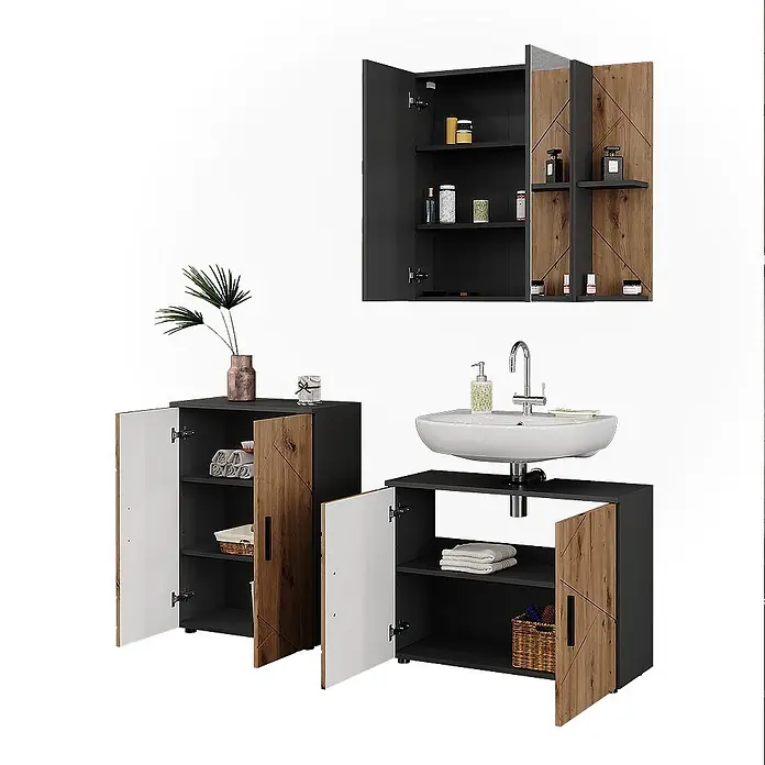 Vicco Badmöbel-Set Irma Anthrazit/Artisan 3 Teile - Anthrazit, Matt - Dunkelgraues Badmöbel-Set mit Holztüren und geometrischem Muster, inkl. Wand-, Waschbecken- und Bodenschrank.