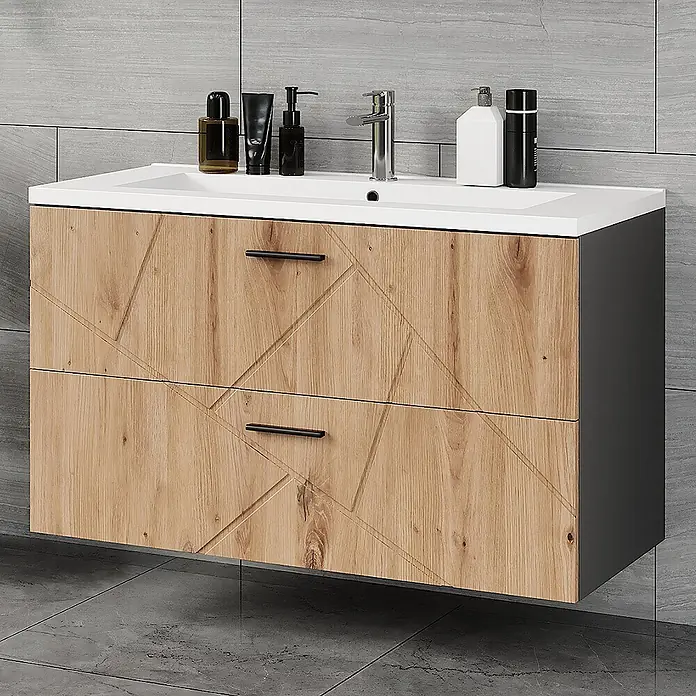 Vicco Badmöbel-Set Irma Anthrazit/Artisan 2 Teile - Anthrazit, Matt - Wandhängender Badunterschrank mit hellen Holzschubladen, geometrischem Muster und integriertem weißen Waschbecken.
