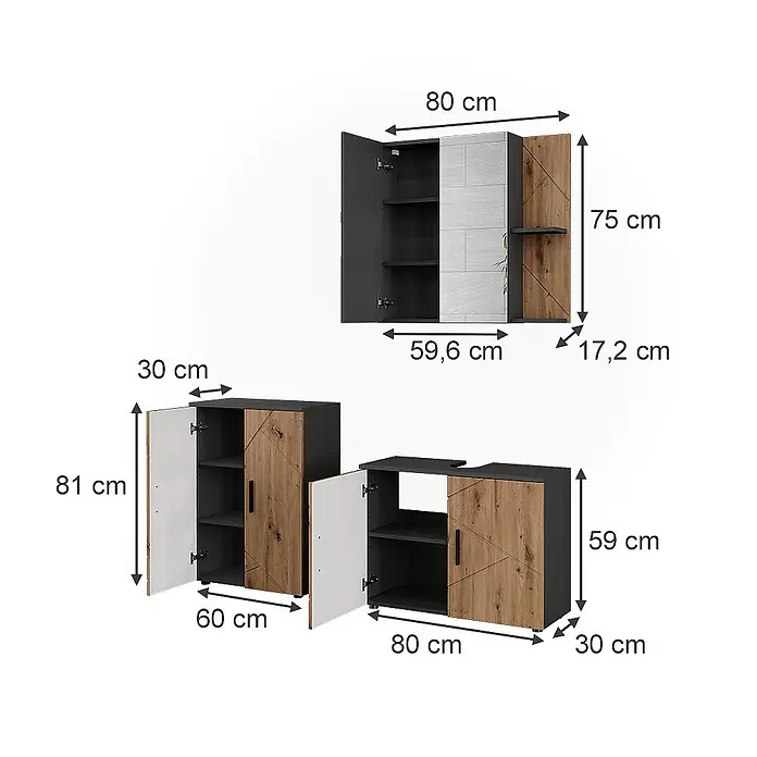 Vicco Badmöbel-Set Irma Anthrazit/Artisan 3 Teile - Anthrazit, Matt - Modulare Stauraumschränke in Dunkelgrau und heller Holzoptik.