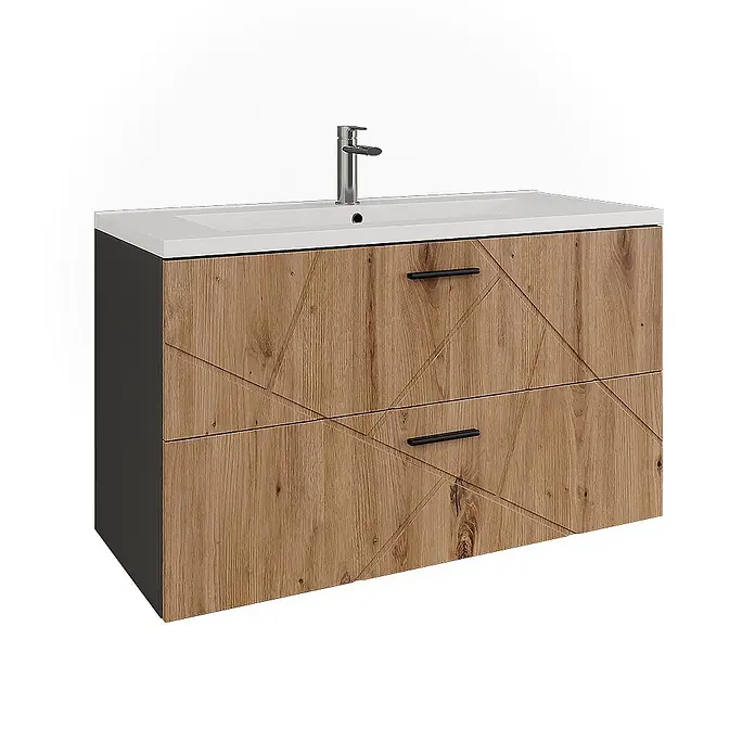 Vicco Badmöbel-Set Irma Anthrazit/Artisan 2 Teile - Anthrazit, Matt - Moderner Waschtisch mit weißem Becken, Chromarmatur, dunkelgrauen Seiten und zwei hellbraunen Holzschubladen mit geometrischem Muster.