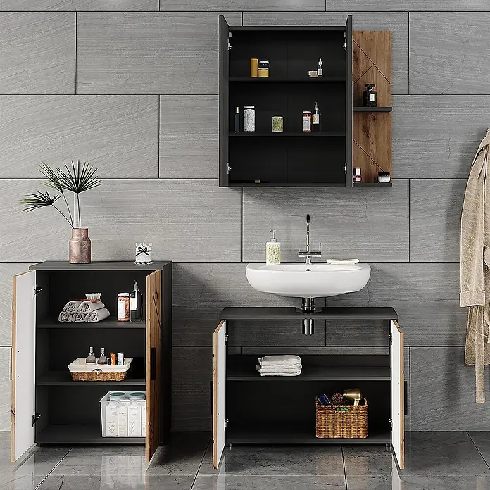 Vicco Badmöbel-Set Irma Anthrazit/Artisan 3 Teile - Anthrazit, Matt - Dunkelgraues Badschrank-Set mit Holzakzenten, Wand-, Waschtisch- und freistehender Schrank für Badorganisation.