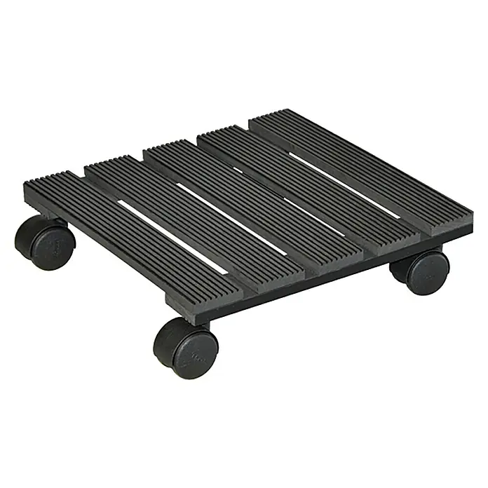 Wagner System Pflanzenroller - 29 x 29 cm, Max. Belastung: 60 kg, WPC - Ein schwarzer, rollbarer Pflanzenuntersetzer aus Holz mit gerippter Oberfläche und vier Rädern.