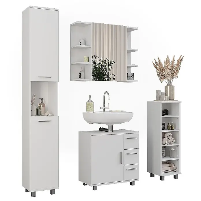Vicco Badmöbel-Set Ilias Weiß 4 Teile - Weiß, Matt - Weißes Badmöbel-Set mit Hochschrank, Spiegelschrank, Waschtischunterschrank und offenem Regal.