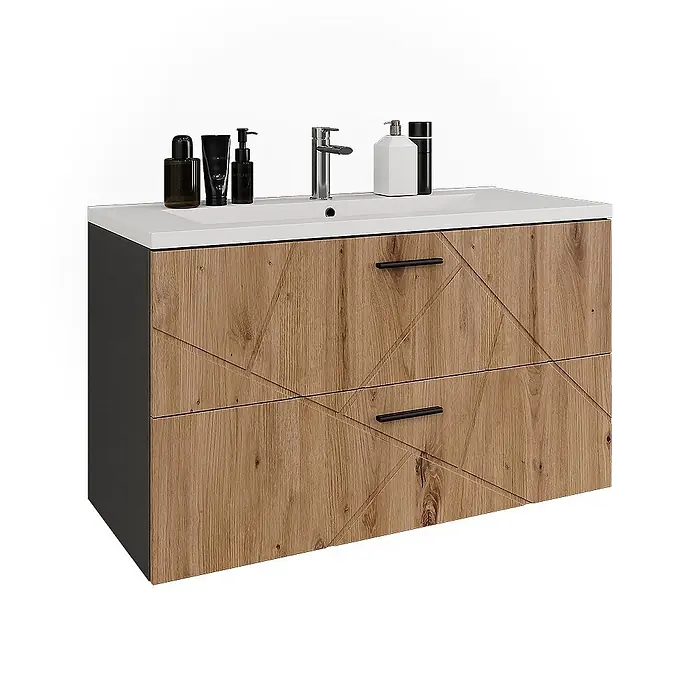 Vicco Badmöbel-Set Irma Anthrazit/Artisan 2 Teile - Anthrazit, Matt - Moderner Badunterschrank mit weißem Waschbecken, schwarzen Seiten, zwei Holzschubladen mit geometrischem Muster und schwarzen Griffen.