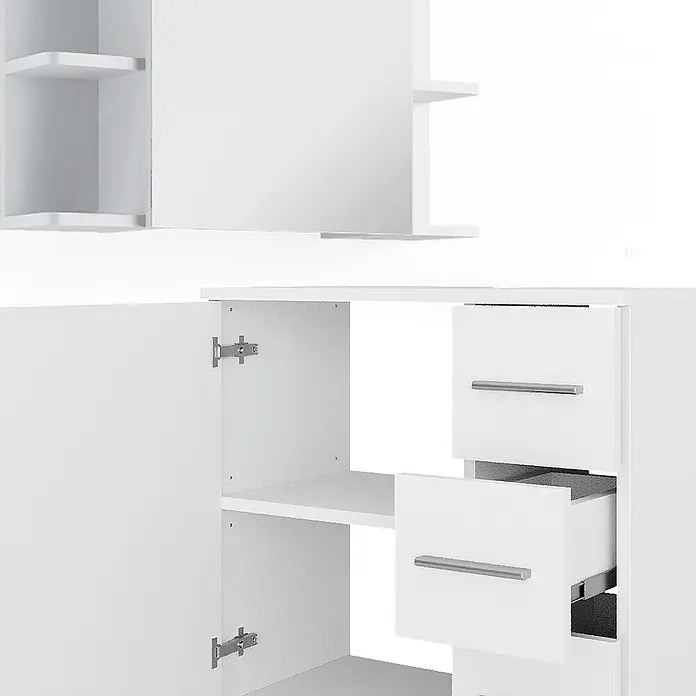 Vicco Badmöbel-Set Ilias Weiß 4 Teile - Weiß, Matt - Weißes Modulmöbel mit offenem Schrank, Regalen und teilweise geöffneten Schubladen, das seine Aufbewahrungsfunktion zeigt.