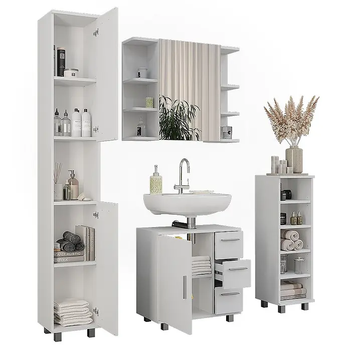 Vicco Badmöbel-Set Ilias Weiß 4 Teile - Weiß, Matt - Weißes Badmöbel-Set mit Hochschrank, Spiegelschrank, Waschtischunterschrank und Ablage.
