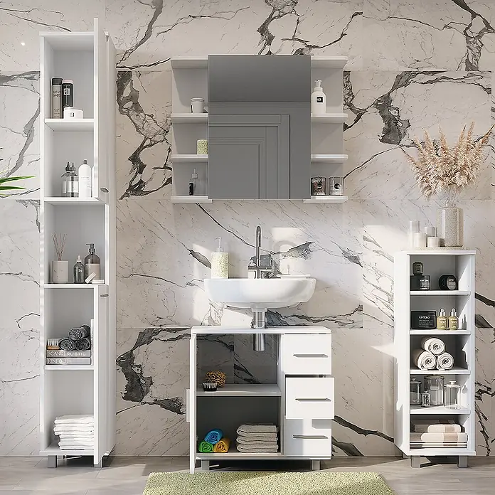 Vicco Badmöbel-Set Ilias Weiß 4 Teile - Weiß, Matt - Weißes Badezimmermöbel-Set: Hochschrank, Spiegelschrank, Waschtischunterschrank mit Waschbecken und offene Regale.
