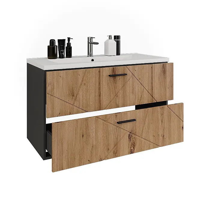 Vicco Badmöbel-Set Irma Anthrazit/Artisan 2 Teile - Anthrazit, Matt - Moderner Badunterschrank mit zwei Schubladen, geometrischer Holzfront, dunkelgrauem Rahmen und weißem Waschbecken. Untere Schublade leicht geöffnet.