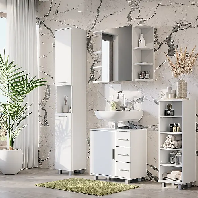 Vicco Badmöbel-Set Ilias Weiß 4 Teile - Weiß, Matt - Modernes, weißes Badmöbel-Set mit Schränken, Spiegelschrank und Waschbeckenunterschrank, in einem zeitgenössischen Badezimmer.