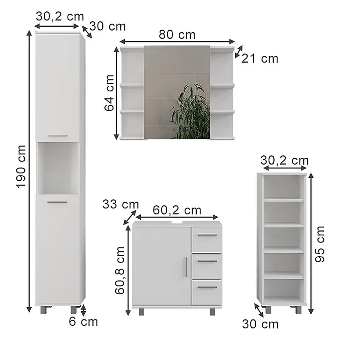 Vicco Badmöbel-Set Ilias Weiß 4 Teile - Weiß, Matt - Set aus weißen Badmöbeln bestehend aus Hochschrank, Spiegelschrank, Waschtischunterschrank mit Schubladen und offenem Regal, alle mit Maßen.