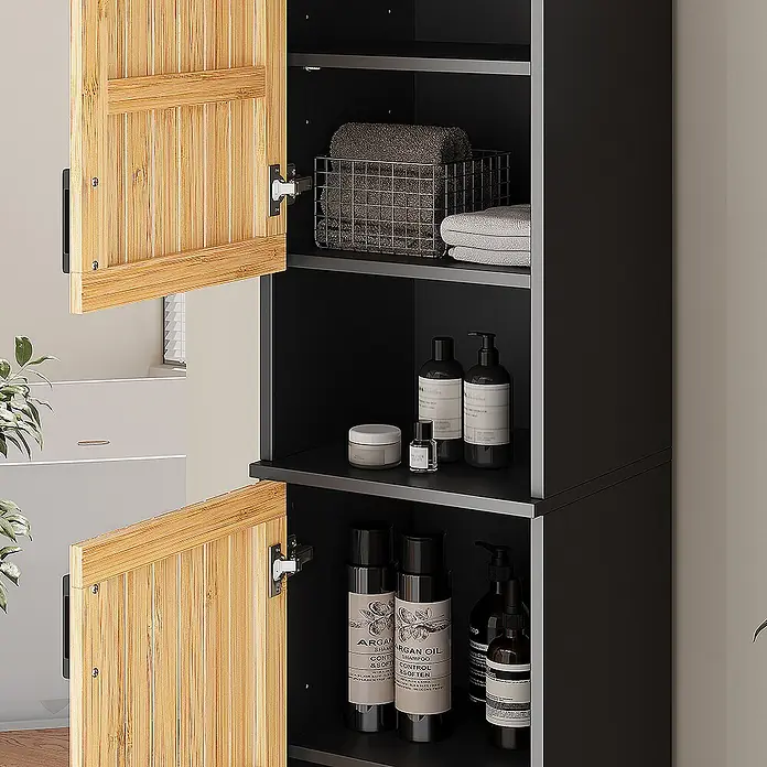 Vicco Badmöbel-Set Vayra Bambus 3 Teile - Bambus, Matt - Hoher schwarzer Badschrank mit Lamellentüren aus Bambus, der Handtücher und Toilettenartikel aufbewahrt.