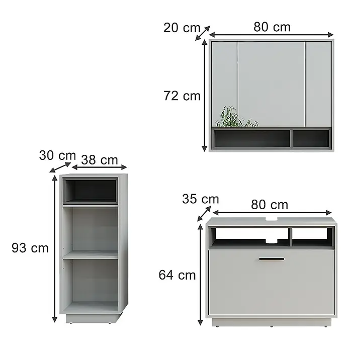 Vicco Badmöbel-Set Beatrice Grau/Anthrazit 3 Teile mit Midischrank - Grau, Matt - Modulares Wohnzimmermöbel-Set aus hell- und dunkelgrauem Holz, bestehend aus Wandschränken, einem hohen Regal und einem niedrigen Sideboard mit Maßen.