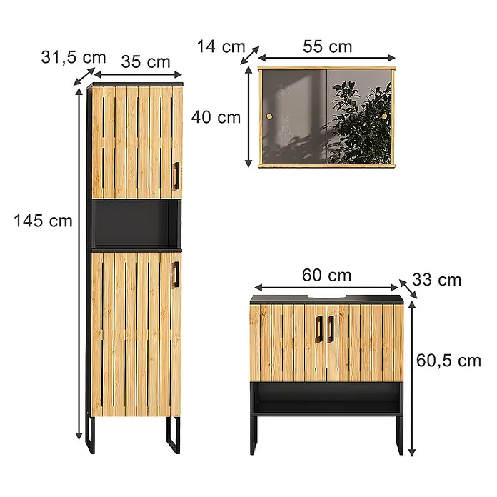 Vicco Badmöbel-Set Vayra Bambus 3 Teile - Bambus, Matt - Badezimmermöbel-Set: Hochschrank, Spiegelschrank und Waschtischunterschrank in Bambus-Optik und Dunkelgrau, mit Maßen.