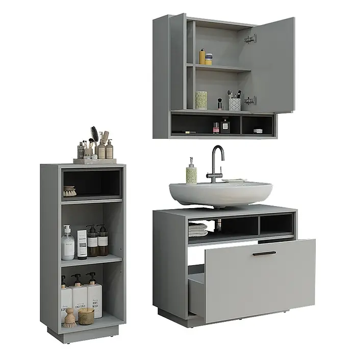 Vicco Badmöbel-Set Beatrice Grau/Anthrazit 3 Teile mit Midischrank - Grau, Matt - Graues Badmöbel-Set mit Hängeschrank, Beistellschrank und Waschtischunterschrank mit Waschbecken.