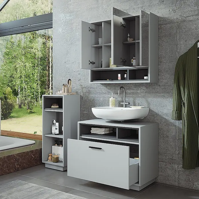 Vicco Badmöbel-Set Beatrice Grau/Anthrazit 3 Teile mit Midischrank - Grau, Matt - Graue Badmöbel-Garnitur mit Waschbecken, Wandschrank und hohem Regal, bietet viel Stauraum im modernen Badezimmer.