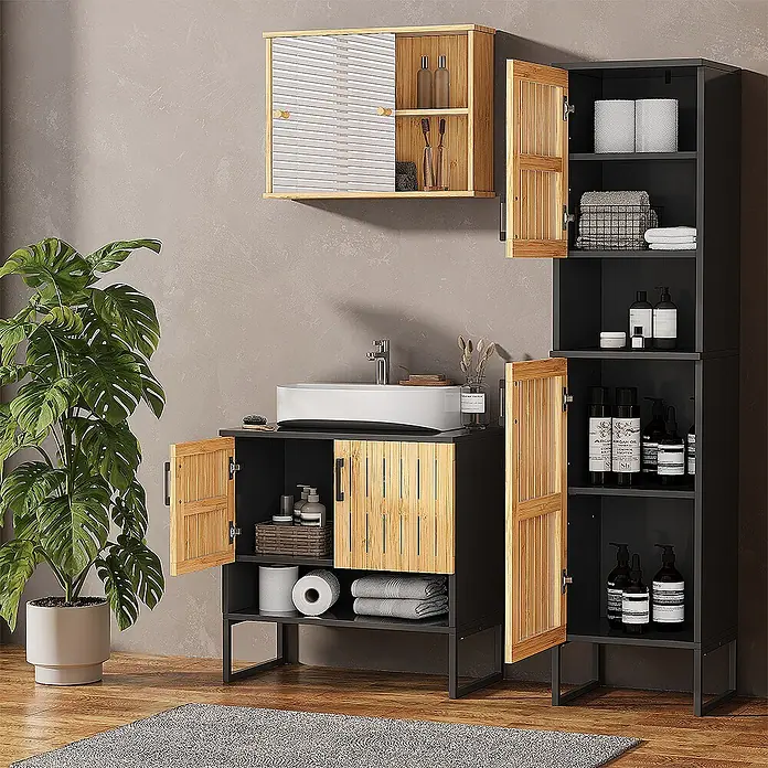 Vicco Badmöbel-Set Vayra Bambus 3 Teile - Bambus, Matt - Modernes Badmöbel-Set: dunkelgrauer Waschtisch mit weißem Waschbecken, Bambustüren, passenden Wand- und Hochschränken.
