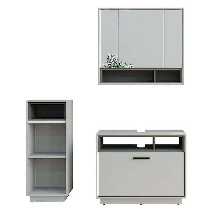 Vicco Badmöbel-Set Beatrice Grau/Anthrazit 3 Teile mit Midischrank - Grau, Matt - Set aus drei modularen hellgrauen Aufbewahrungsmöbeln mit dunkelgrauen Akzenten: Wandschrank, hohes Regal und niedriges Mediencabinett.