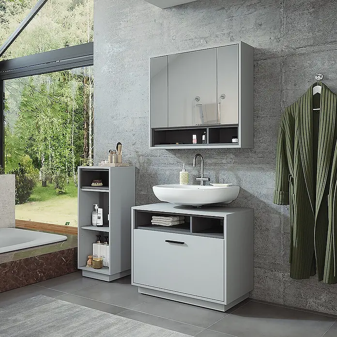 Vicco Badmöbel-Set Beatrice Grau/Anthrazit 3 Teile mit Midischrank - Grau, Matt - Hellgraues Badmöbelset mit Waschbecken, hohem Schrank und Spiegelschrank in einem modernen Bad.