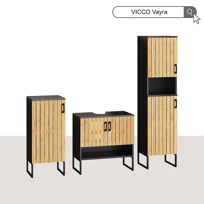 Vicco Badmöbel-Set Vayra Bambus 3 Teile - Bambus, Matt - Set aus drei modernen Badezimmerschränken in Schwarz und hellem Holz mit Lamellenfronten, inkl. Waschtisch, Hochschrank und Beistellschrank.