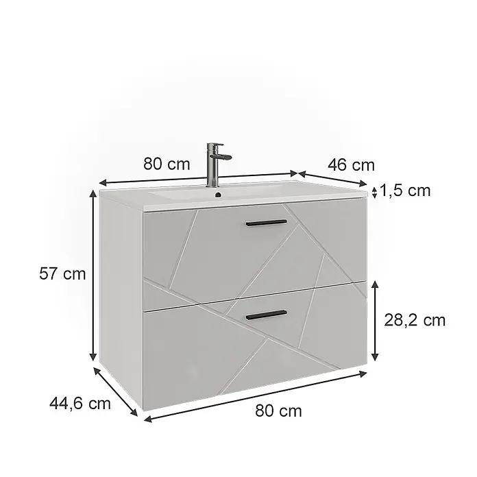Vicco Badmöbel-Set Irma Weiß/Weiß Hochglanz 2 Teile - Weiß, Glänzend - Weißer Badunterschrank mit integriertem Waschbecken, Armatur und zwei Schubladen mit geometrischem Muster.