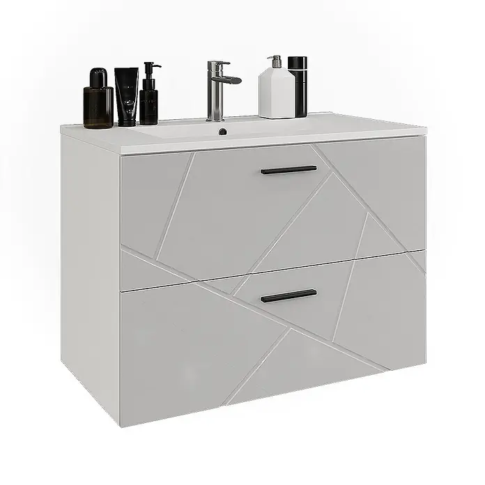 Vicco Badmöbel-Set Irma Weiß/Weiß Hochglanz 2 Teile - Weiß, Glänzend - Hellgrauer, glänzender Badunterschrank mit Waschbecken, zwei Schubladen mit geometrischem Muster und schwarzen Griffen.