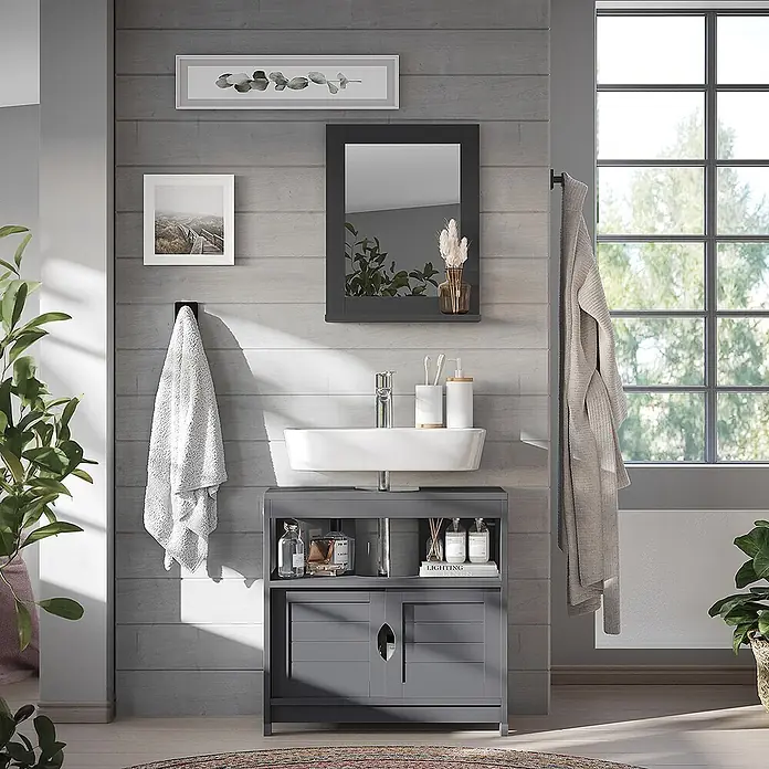 Vicco Badmöbel-Set Vilda Grau 2 Teile - Grau, Matt - Grauer Badunterschrank mit weißem, rechteckigem Waschbecken, offenem und geschlossenem Stauraum, in einem modernen Badezimmer.