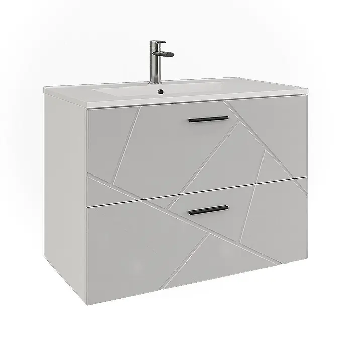 Vicco Badmöbel-Set Irma Weiß/Weiß Hochglanz 2 Teile - Weiß, Glänzend - Glänzender hellgrauer Badunterschrank mit integriertem Waschbecken und Chromarmatur, zwei Schubladen mit geometrischem Muster und schwarzen Griffen.