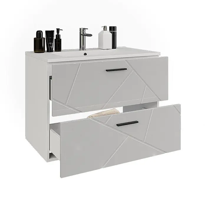 Vicco Badmöbel-Set Irma Weiß/Weiß Hochglanz 2 Teile - Weiß, Glänzend - Weißer Hochglanz-Badezimmerschrank mit integriertem Waschbecken, silbernem Wasserhahn und zwei teils geöffneten Schubladen mit geometrischem Muster und schwarzen Griffen.