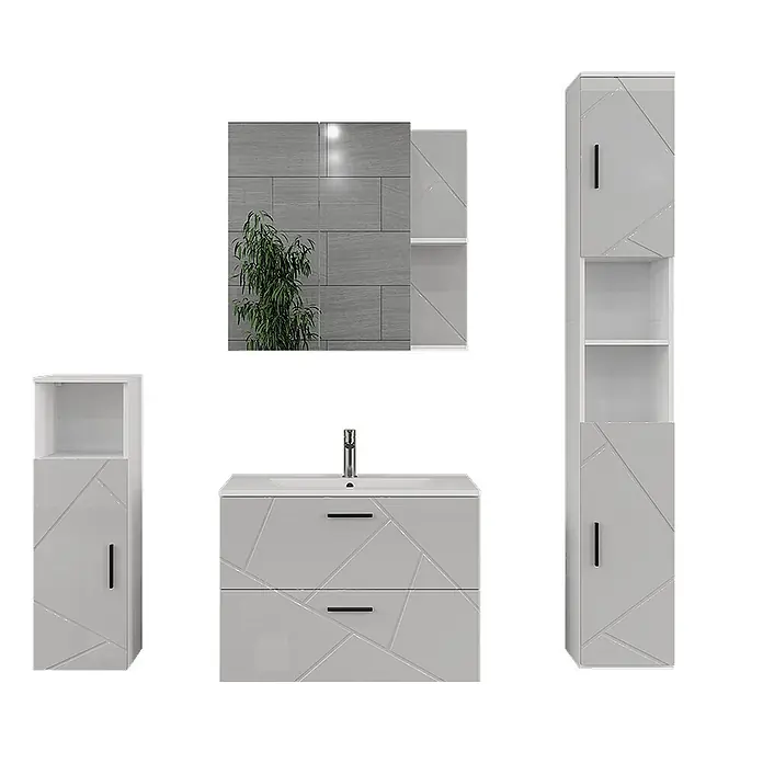 Vicco Badmöbel-Set Irma Weiß/Weiß Hochglanz 5 Teile - Weiß, Glänzend - Modernes hellgraues glänzendes Badmöbelset mit geometrischem Muster: Waschtisch, Hochschrank, Wandschrank, Spiegel.