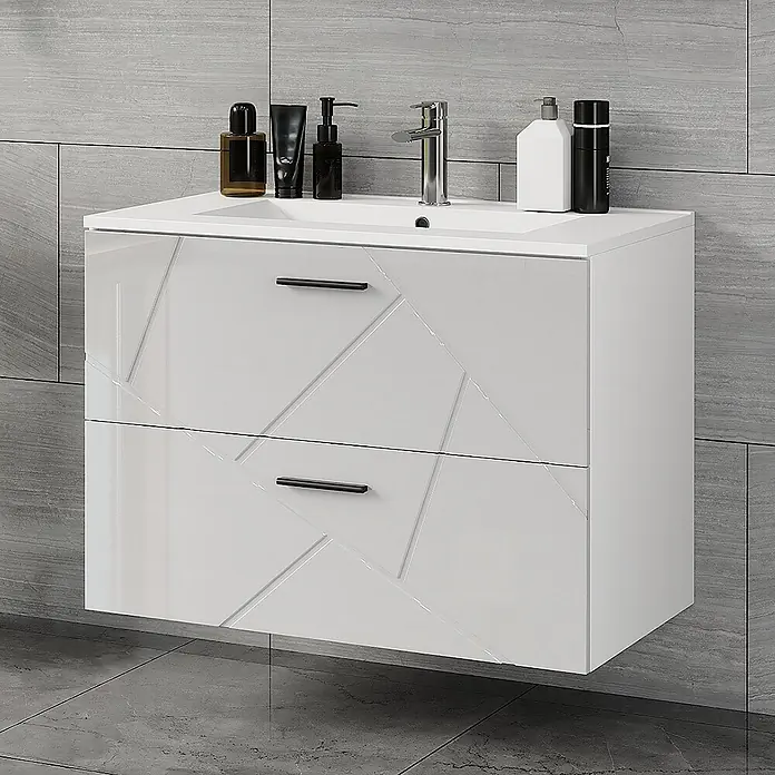 Vicco Badmöbel-Set Irma Weiß/Weiß Hochglanz 2 Teile - Weiß, Glänzend - Weißer wandhängender Badunterschrank mit zwei Schubladen mit Geometriemuster, integriertem Waschbecken und Armatur.