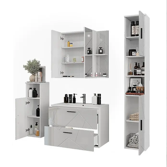 Vicco Badmöbel-Set Irma Weiß/Weiß Hochglanz 5 Teile - Weiß, Glänzend - Weißes, glänzendes Badezimmermöbelset mit geometrischen Mustern, Waschtisch mit Waschbecken, Wandschrank und Hochschränken.