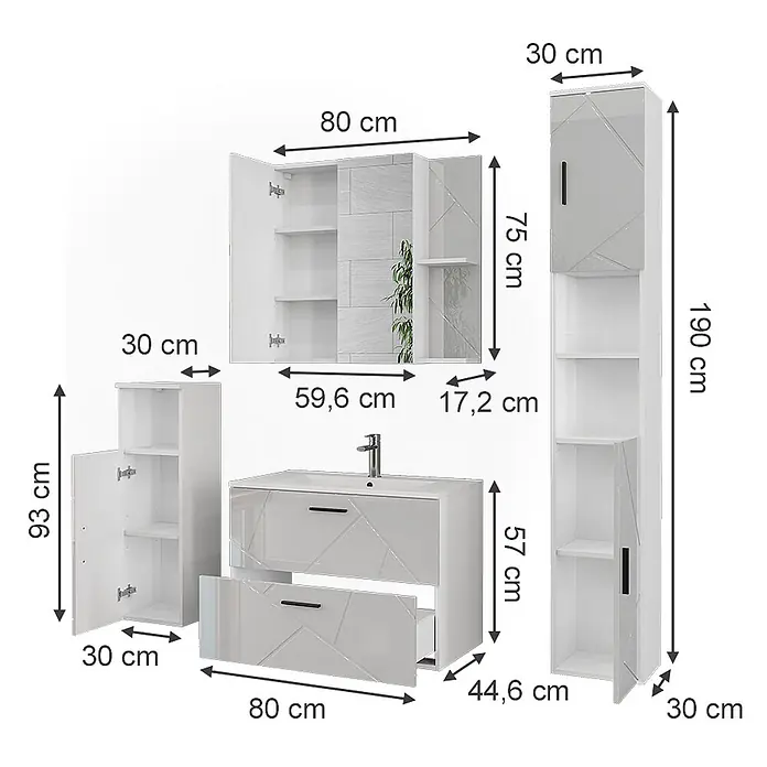 Vicco Badmöbel-Set Irma Weiß/Weiß Hochglanz 5 Teile - Weiß, Glänzend - Weißes Badmöbel-Set mit Waschtisch, Spiegelschrank, Hochschrank und Beistellschrank, hochglänzend.
