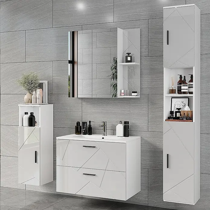 Vicco Badmöbel-Set Irma Weiß/Weiß Hochglanz 5 Teile - Weiß, Glänzend - Weißes, glänzendes Badezimmermöbel-Set mit geometrischen Fronten, inkl. Waschtisch, Hochschrank und Wandschrank.