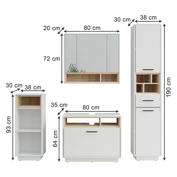 Vicco Badmöbel-Set Beatrice, Weiß/Sonoma 80 cm -  - Weißes Badmöbelset aus Holz mit verschiedenen Schränken und Regalen, Maße angegeben.