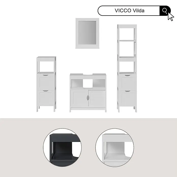 Vicco Badmöbel-Set Vilda Grau 3 Teile - Grau, Matt - Weißes Badmöbelset: Spiegel, Waschbeckenunterschrank und Hochschränke. Details zeigen weiße und dunkelgraue Regale.