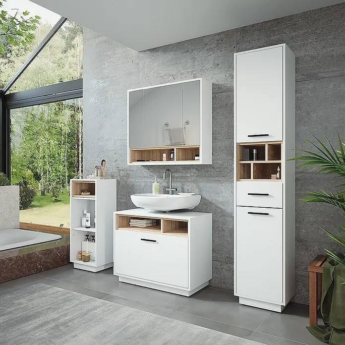 Vicco Badmöbel-Set Beatrice, Weiß/Sonoma 80 cm -  - Modernes weißes Badmöbelset mit hellen Holzakzenten, bestehend aus Waschtisch mit Aufsatzwaschbecken, Spiegelschrank und Stauraumschränken.