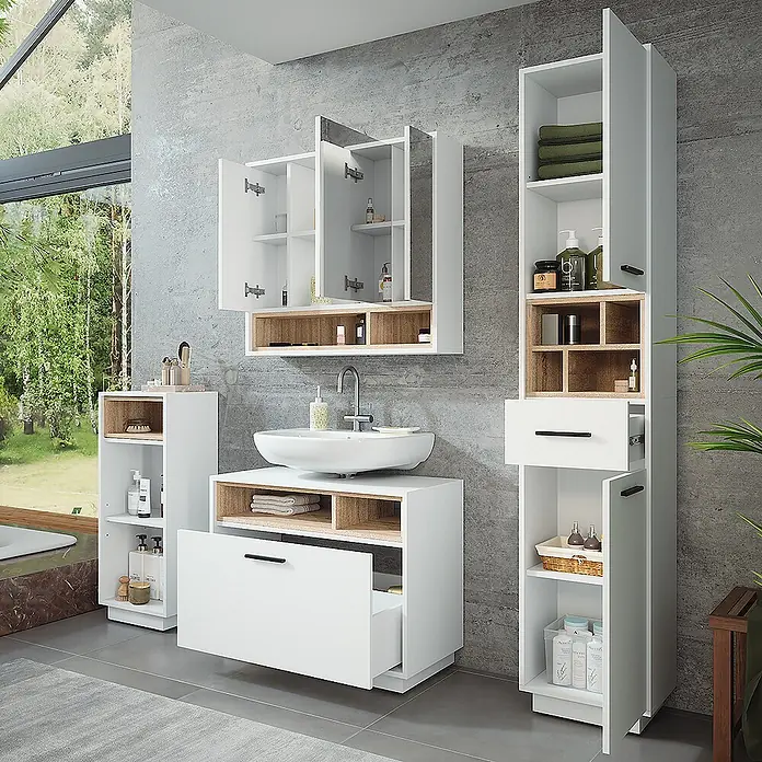 Vicco Badmöbel-Set Beatrice, Weiß/Sonoma 80 cm -  - Badezimmermöbel-Set in Weiß-Holz-Optik mit Waschbecken, Spiegelschrank und Hochschränken.