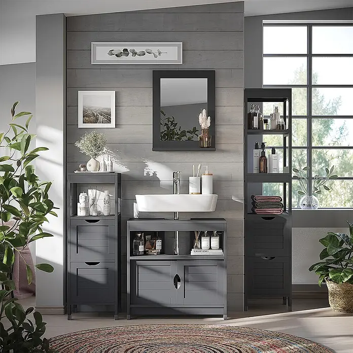 Vicco Badmöbel-Set Vilda Grau 3 Teile - Grau, Matt - Dunkelgraues Badmöbel-Set mit Waschtisch, hohem und niedrigem Schrank in einem modernen Badezimmer.