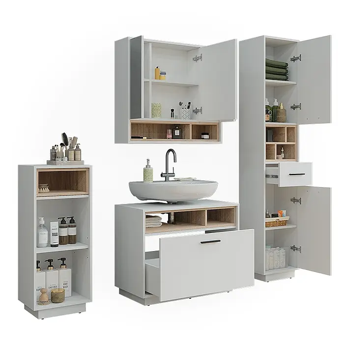 Vicco Badmöbel-Set Beatrice, Weiß/Sonoma 80 cm -  - Weiß-helles Badezimmermöbel-Set mit Waschtisch, Hochschrank, Wandschrank und Seitenregal, alle mit offenen und geschlossenen Fächern.