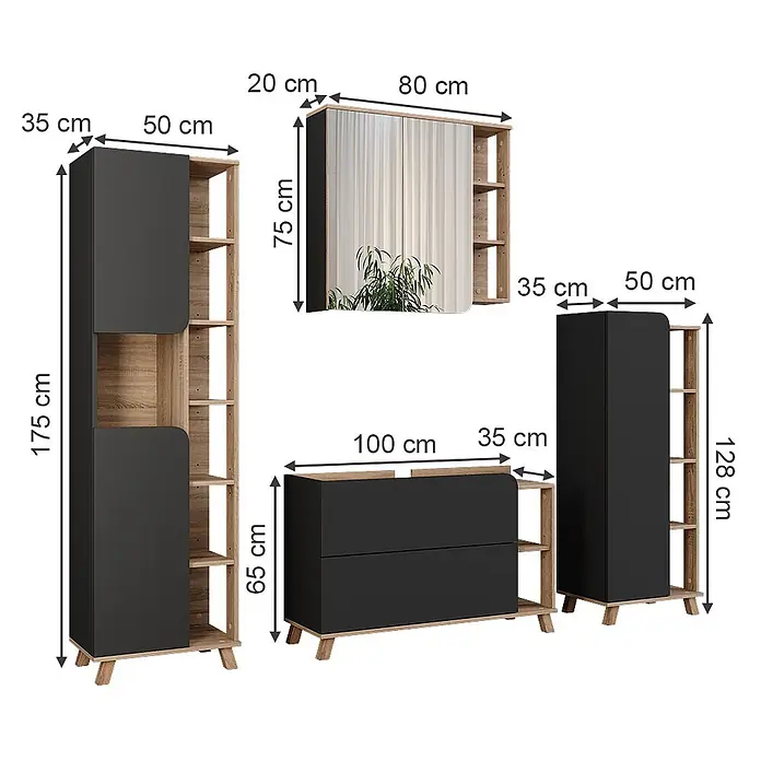 Vicco Badmöbel-Set Karen Sonoma/Anthrazit 4 Teile - Sonoma, Matt - Modulares Stauraummöbel-Set in Schwarz und Holzoptik, bestehend aus Schränken, Regalen, Schubladen und einem Spiegelschrank.