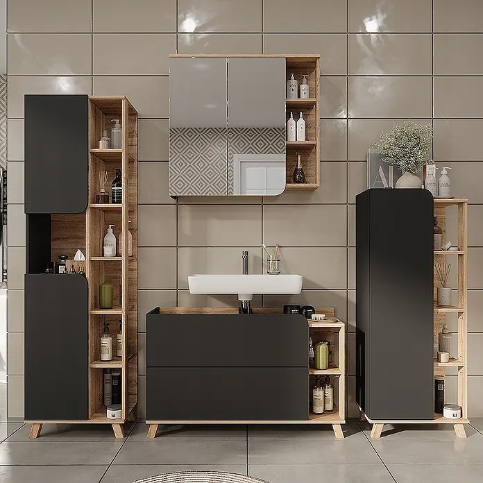Vicco Badmöbel-Set Karen Sonoma/Anthrazit 4 Teile - Sonoma, Matt - Modernes Badmöbel-Set in Dunkelgrau und hellem Holz mit Waschbecken, Spiegelschrank und diversen Stauraumelementen.