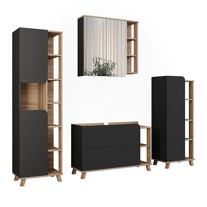 Vicco Badmöbel-Set Karen Sonoma/Anthrazit 4 Teile - Sonoma, Matt - Modulares Möbelset in Schwarz und Eiche. Enthält hohe Regale mit Türen, eine Kommode mit Schubladen und einen Spiegelschrank mit offenen Ablagen.