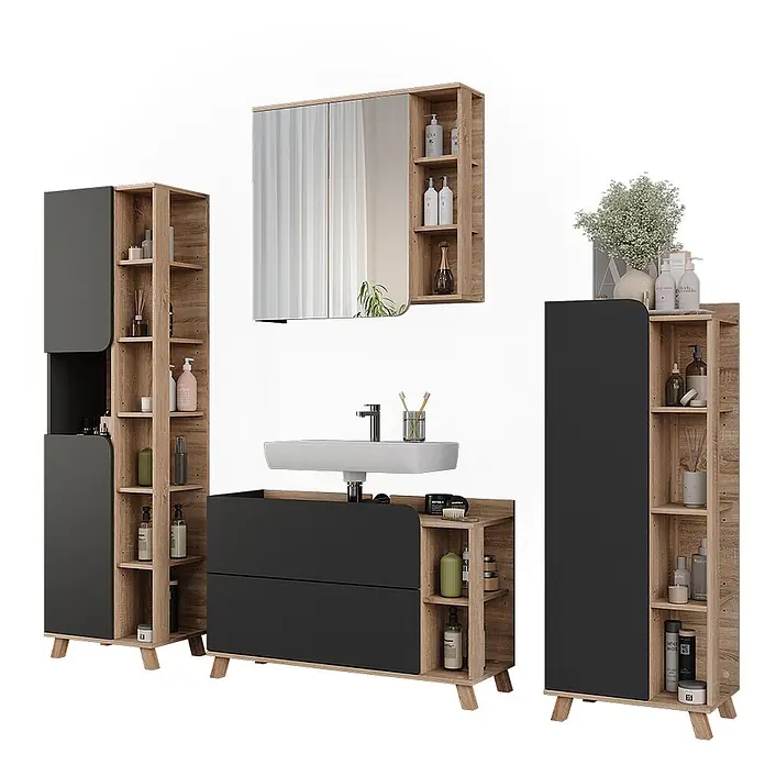 Vicco Badmöbel-Set Karen Sonoma/Anthrazit 4 Teile - Sonoma, Matt - Modernes Badezimmermöbel-Set aus hellem Holz und schwarzen Elementen, mit Waschtisch, Waschbecken, hohen Schränken und Spiegelschrank.