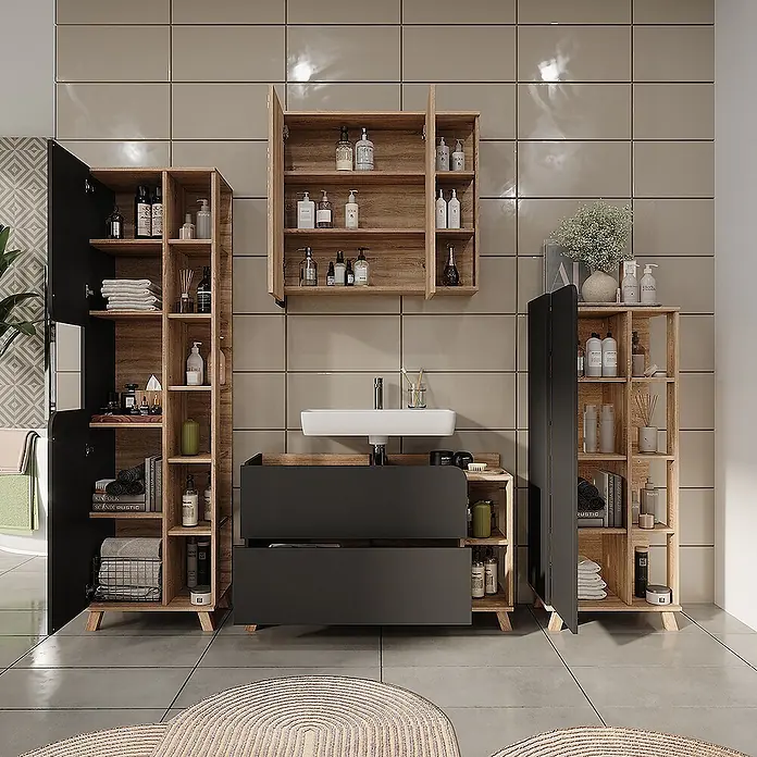 Vicco Badmöbel-Set Karen Sonoma/Anthrazit 4 Teile - Sonoma, Matt - Modernes Badezimmer mit schwarzem Waschtisch, weißem Waschbecken, Holzregalen und passendem Spiegelschrank. Funktioneller Stauraum für Pflegeprodukte.