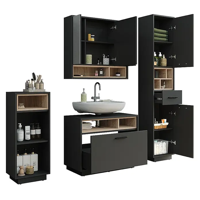 Vicco Badmöbel-Set Beatrice Anthrazit/Sonoma Set 4 - Anthrazit, Matt - Modernes schwarzes Badmöbelset mit hellen Holzakzenten, Waschtisch, Wandschrank und Hochschränken, präsentiert mit Toilettenartikeln und Handtüchern.