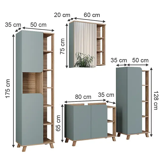 Vicco Badmöbel-Set Karen Sonoma/Blau 4 Teile - Sonoma, Matt - Modulares Aufbewahrungsmöbel-Set mit holzfarbenen Regalen und blaugrauen Schranktüren, in verschiedenen Höhen und Ausführungen.